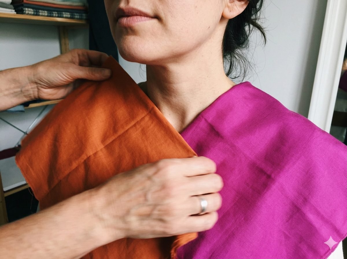 Conseillère en image réalisant un test de draping avec des tissus colorés sur une cliente en France