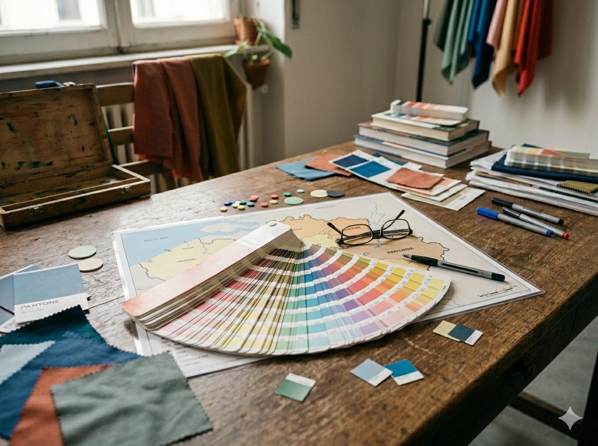 Drapages de couleurs variées posés sous le visage d'une femme lors d'un test de colorimétrie professionnel
