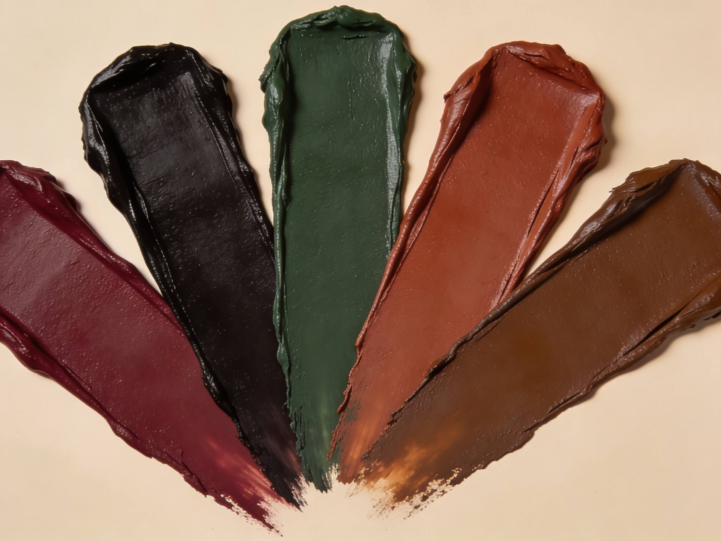 Palette Automne Profond avec échantillons de bordeaux intense, chocolat noir, vert forêt, cuivre dense et camel foncé