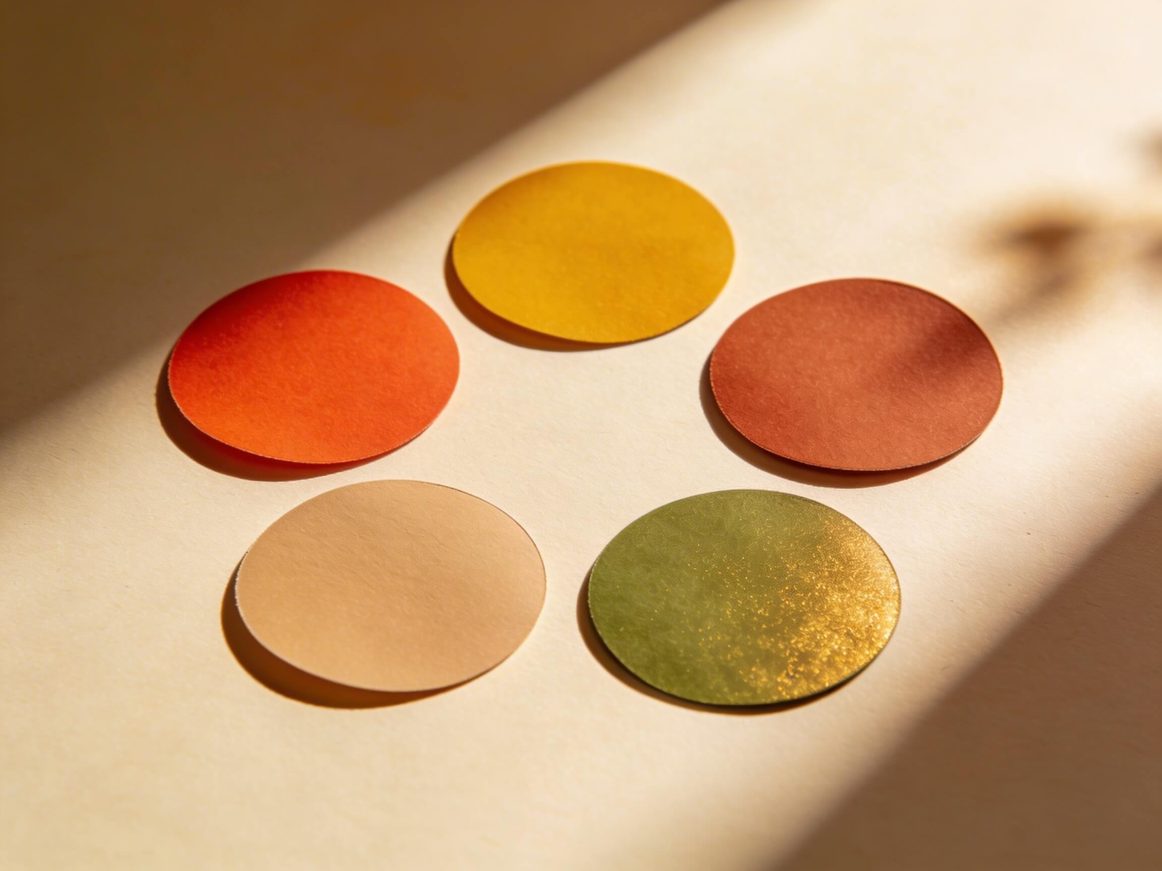 Palette Automne Chaud avec échantillons de corail, moutarde, terracotta, camel clair et vert olive doré