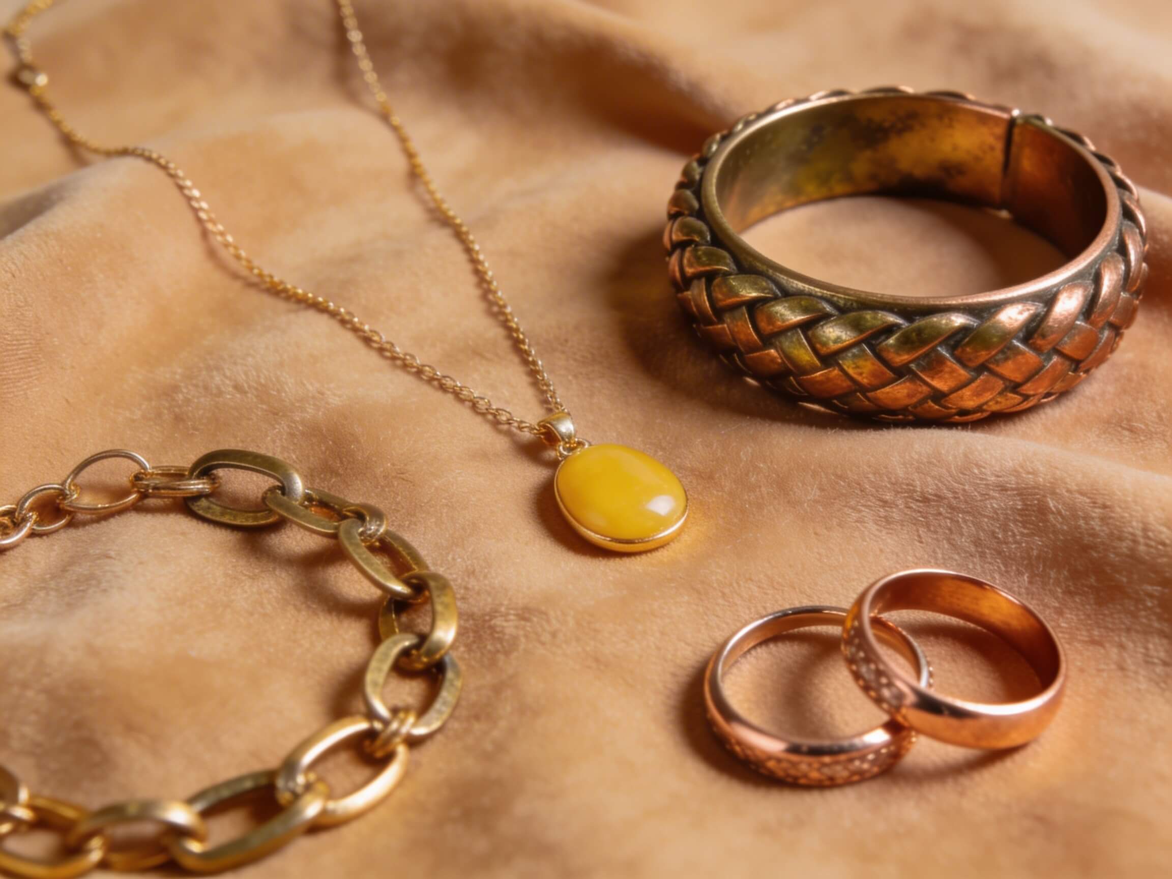 Bijoux en or jaune, bronze et cuivre présentés sur tissu camel, métaux recommandés pour la colorimétrie automne