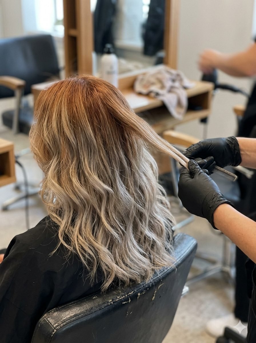 Résultat avant et après correction d'un balayage cuivré-orangé vers un blond cendré sur cheveux châtain clair grâce à la technique de neutralisation