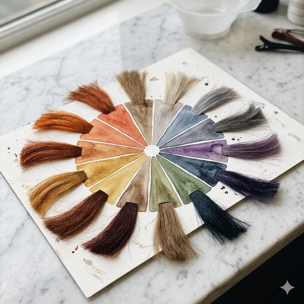 Cercle chromatique illustrant les couleurs primaires, secondaires, tertiaires et les paires complémentaires utilisées en coiffure pour neutraliser les reflets indésirables