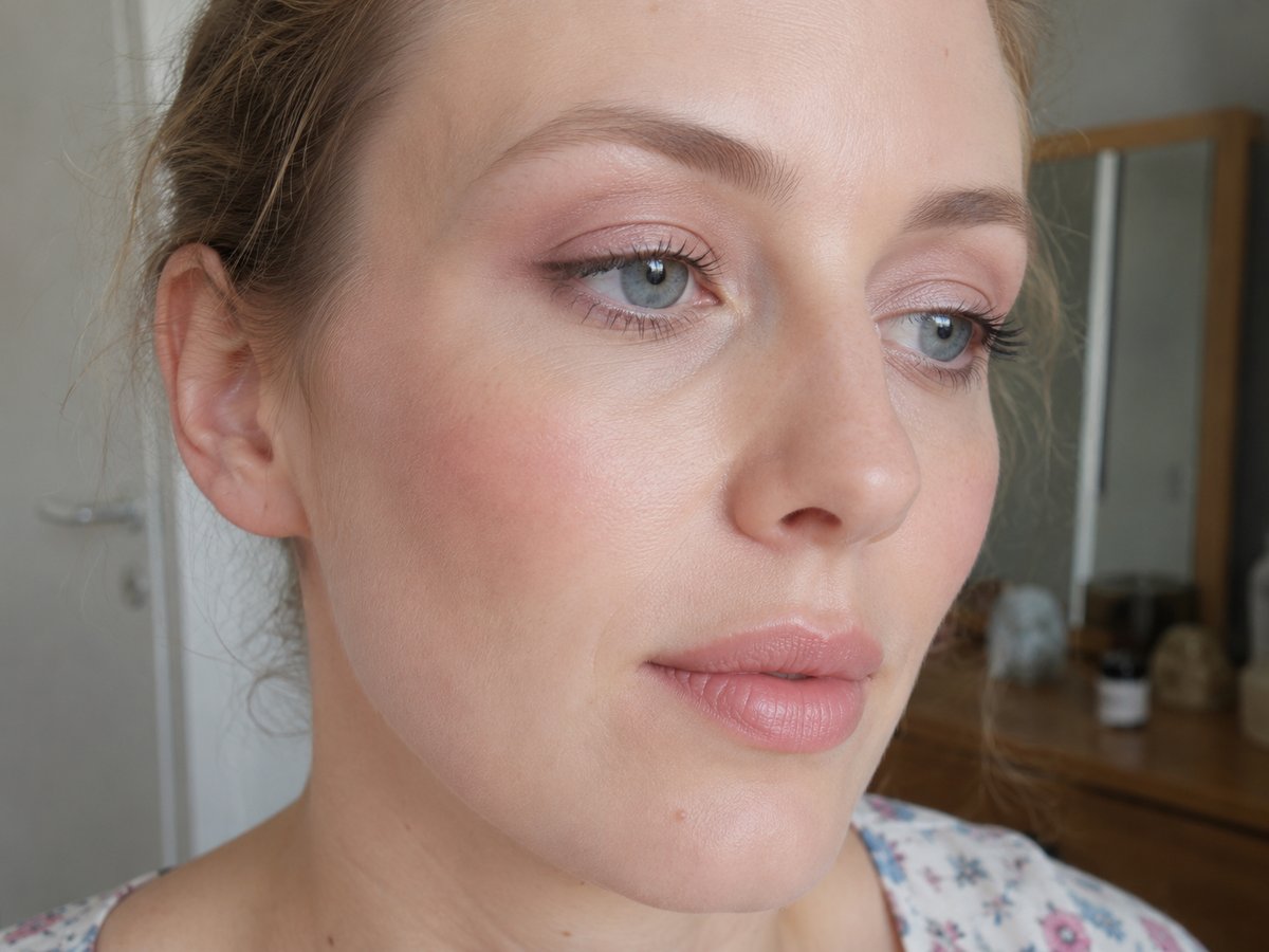 Exemple de maquillage été clair avec teintes roses poudrées, grises douces et mascara brun sur femme à teint pâle