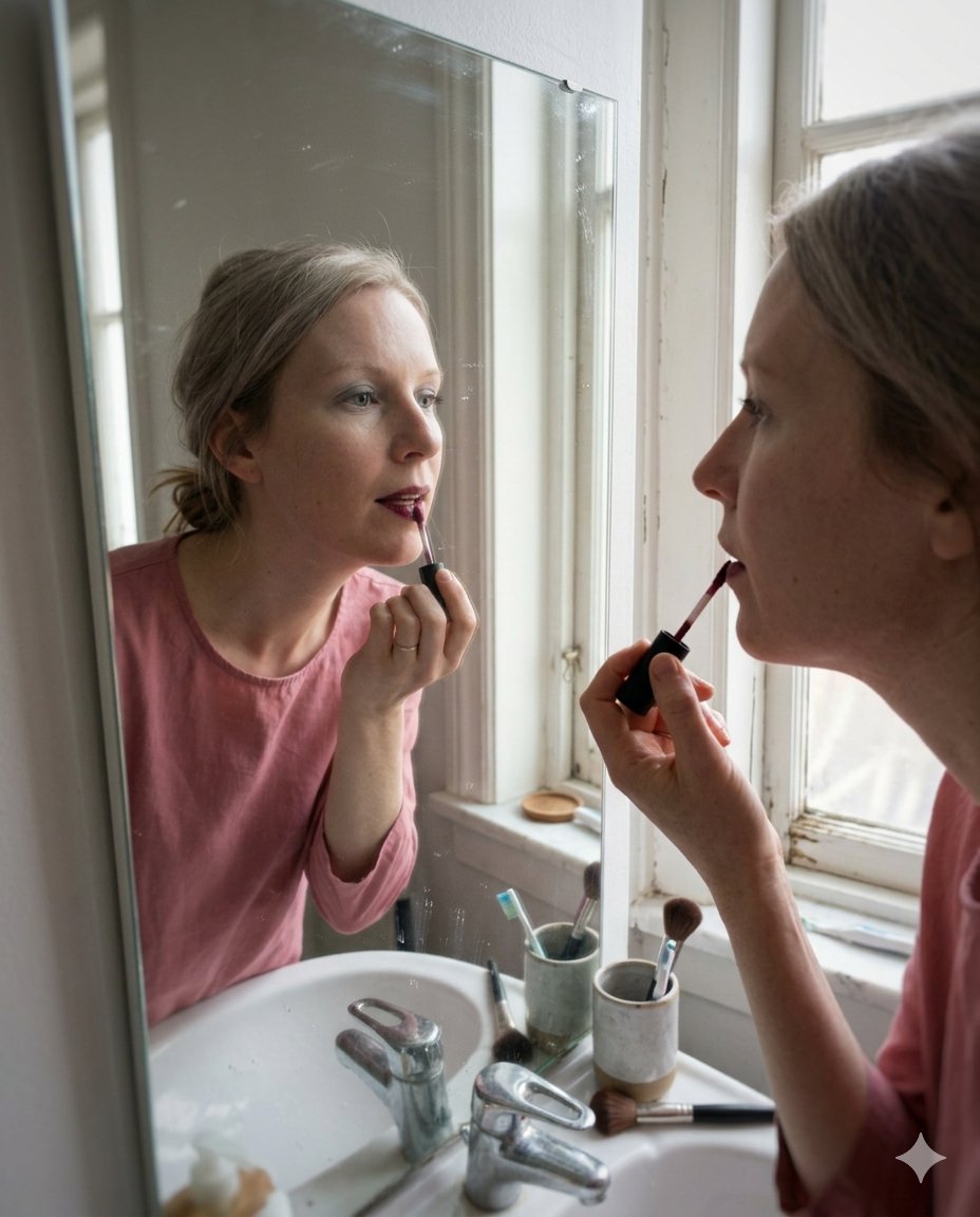 Femme appliquant un rouge à lèvres foncé devant un miroir de salle de bain