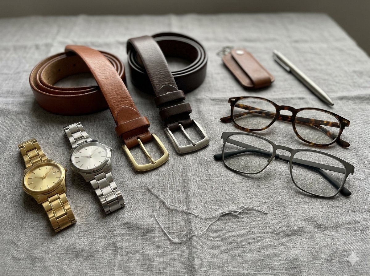 Sélection d'accessoires masculins, montres, bracelets, boutons de manchette, en métal or et argent selon les sous-tons colorimétriques