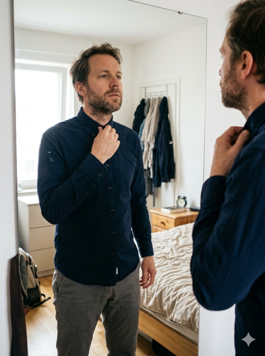 Homme en chemise marine ajustant son col devant un miroir