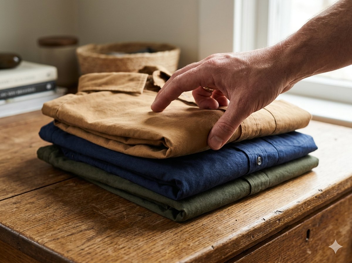 Main tendue vers une pile de chemises pliées sur une table en bois