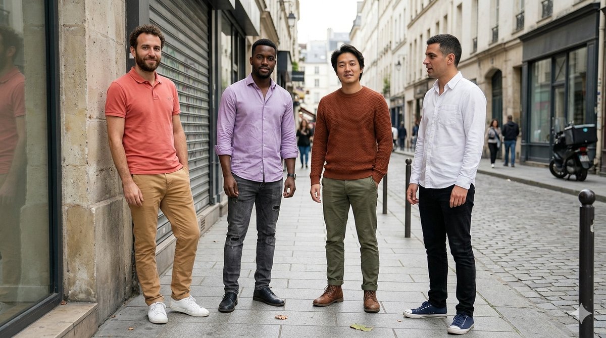 Quatre tenues décontractées masculines avec chino et chemise ouverte, une par saison colorimétrique
