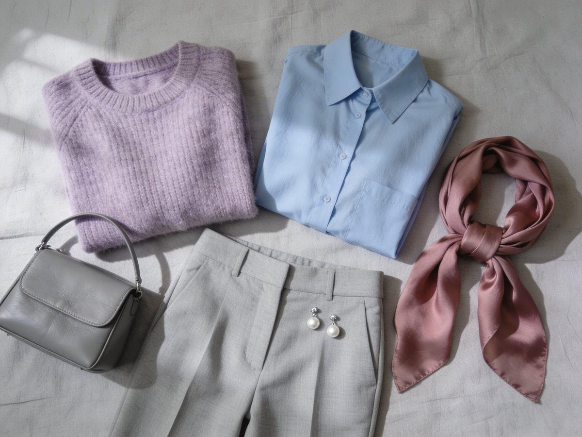 Tenue palette Été Froid : pull lavande, chemise bleu ciel, pantalon gris