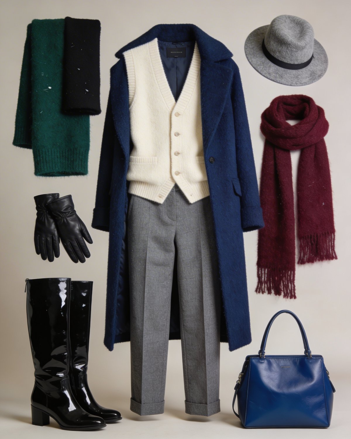 Tenue complète Hiver Froid : manteau bleu marine, gilet crème, pantalon gris