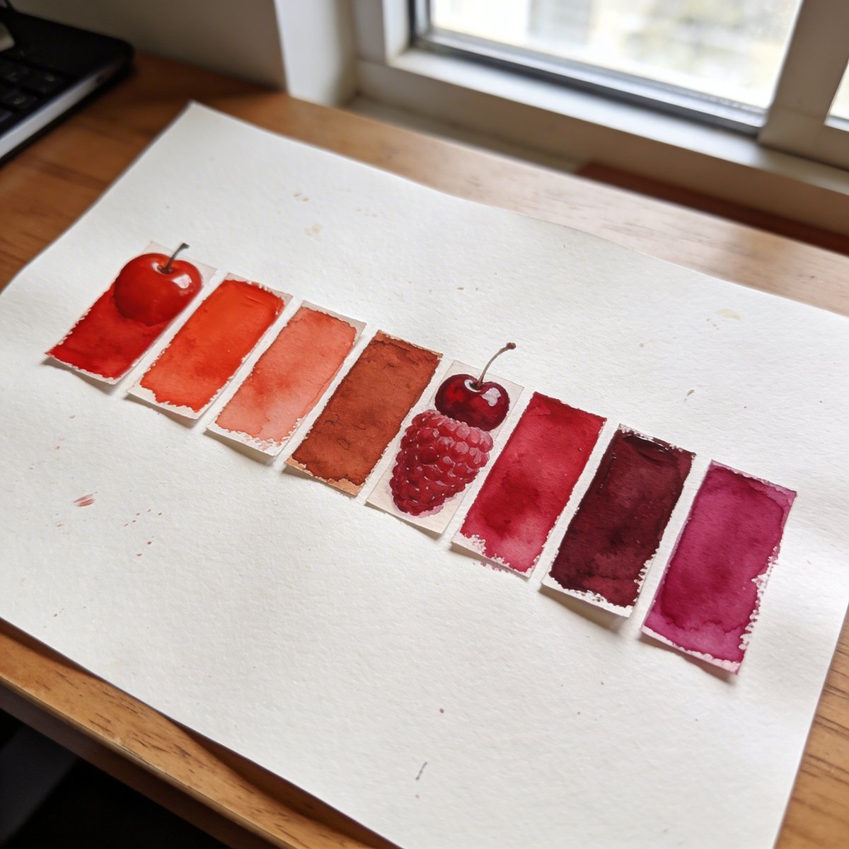 Gamme de rouges illustrant le spectre chaud-froid : du rouge orangé au rouge cerise en passant par le carmin