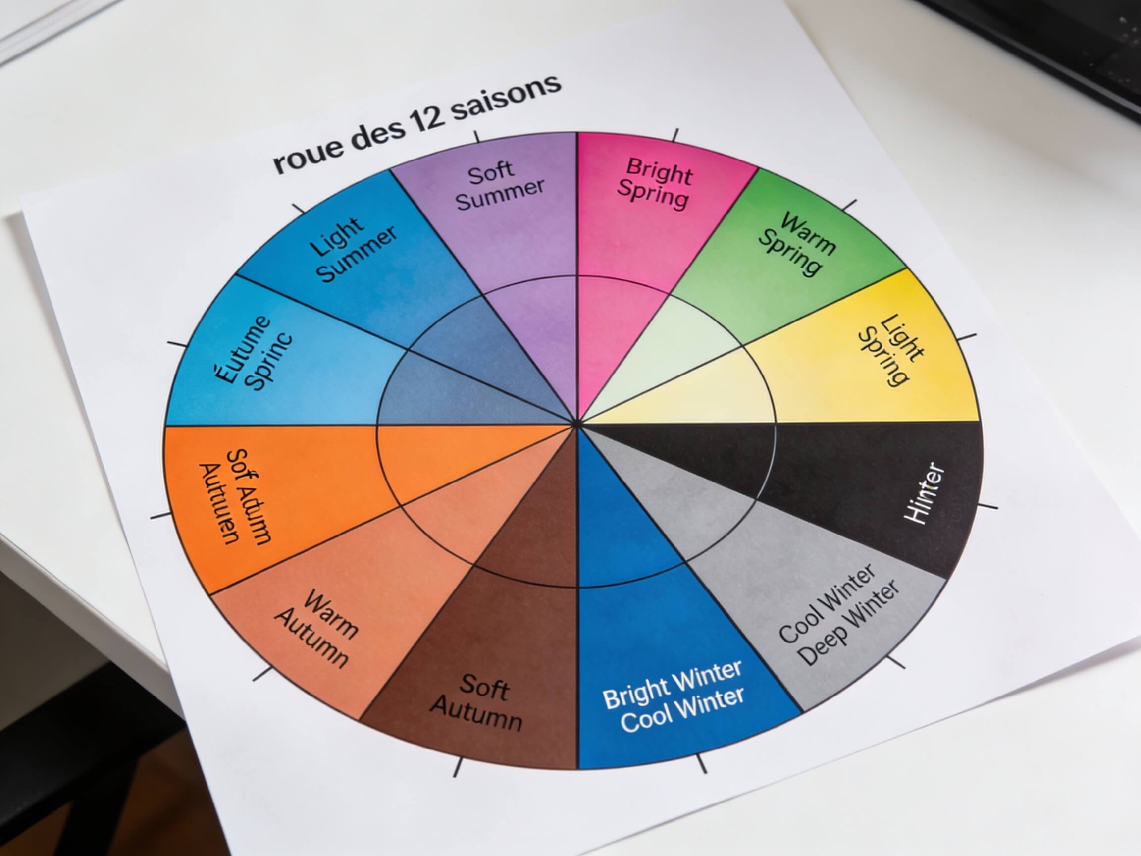 Roue des 12 sous-saisons colorimétriques montrant les variantes de chaque saison