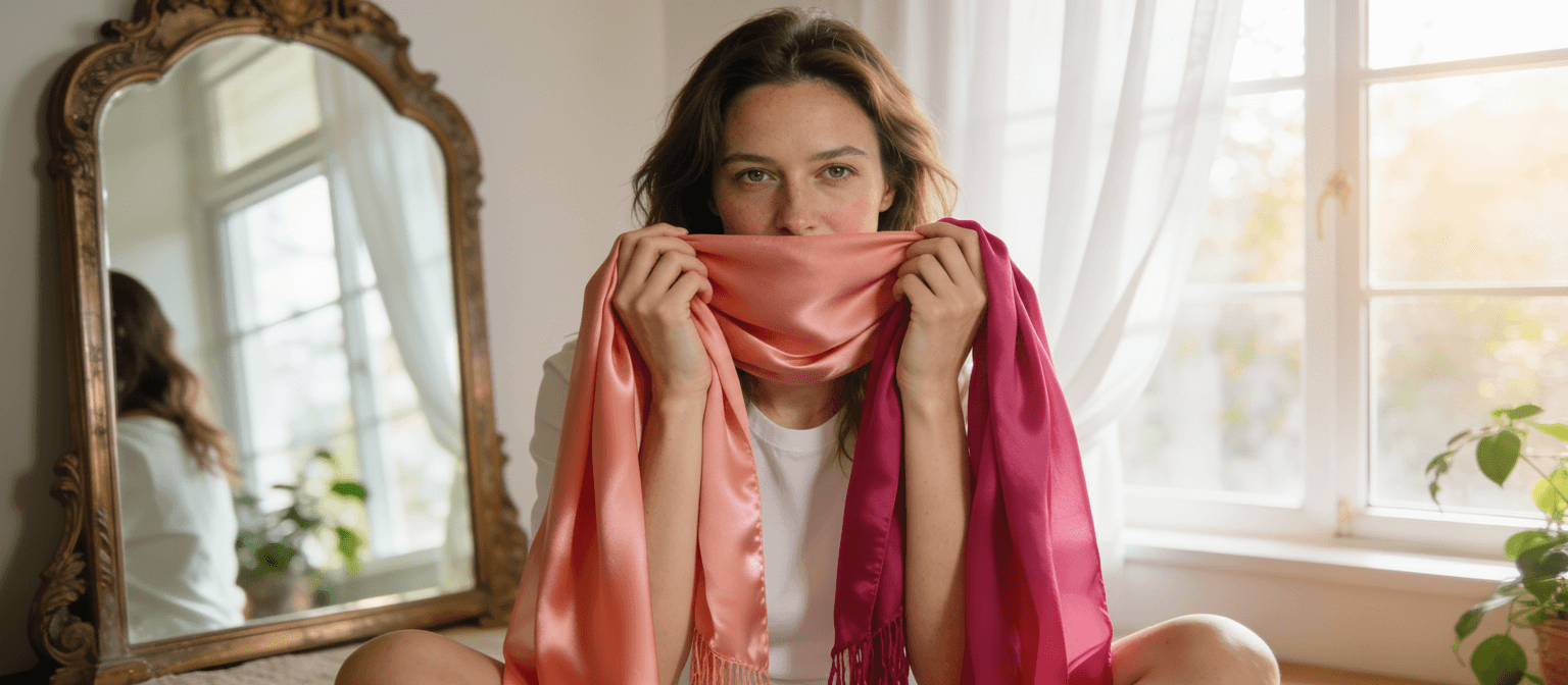 Femme réalisant un test de draping avec des étoffes de couleurs chaudes et froides posées près de son visage