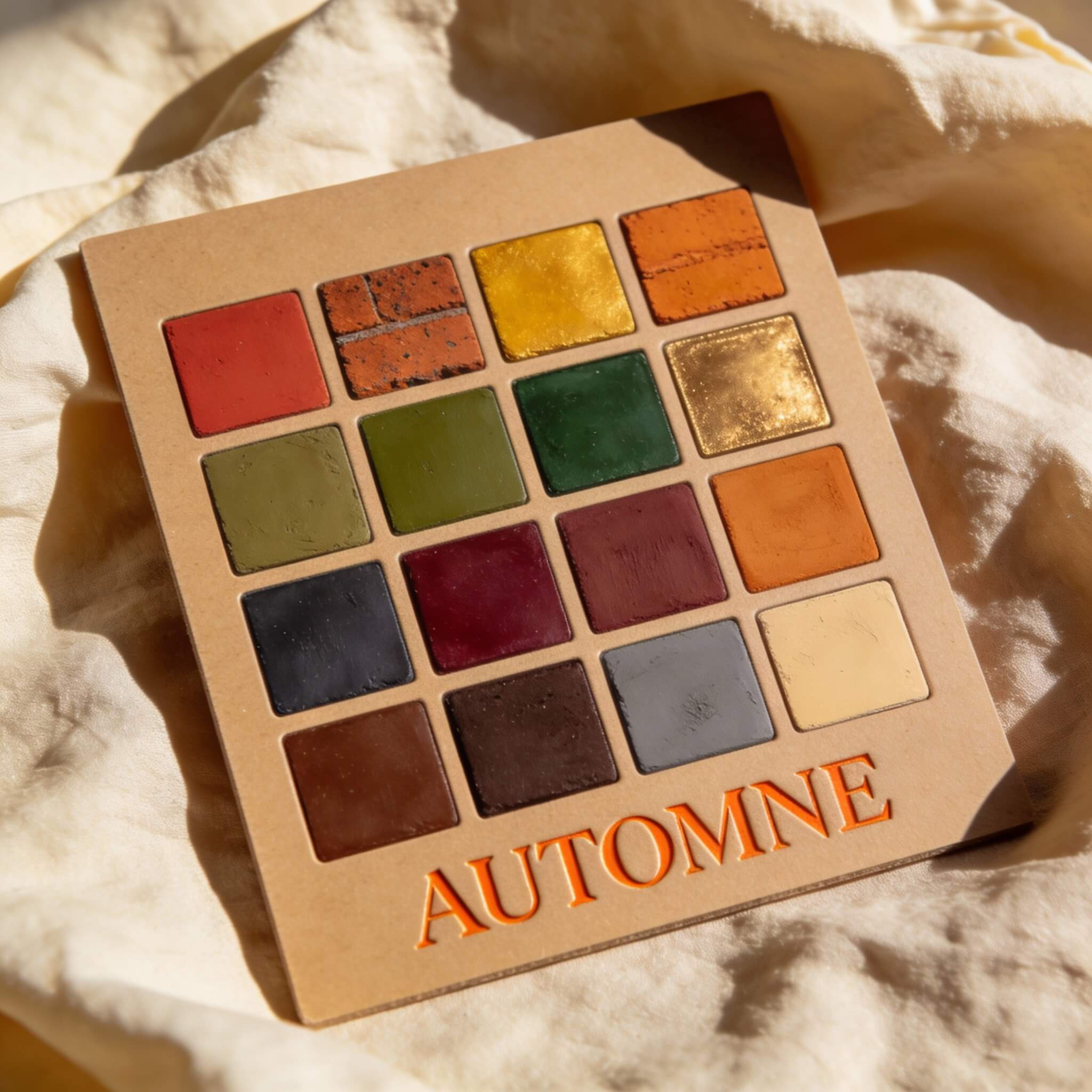 Palette colorimétrique Automne : échantillons de terracotta, moutarde, kaki, bordeaux, camel et chocolat