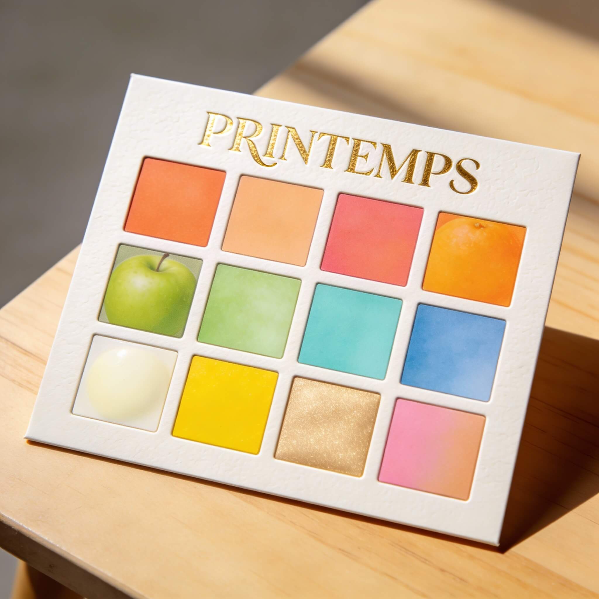Palette colorimétrique Printemps : échantillons de corail, pêche, vert pomme, turquoise, ivoire et beige doré
