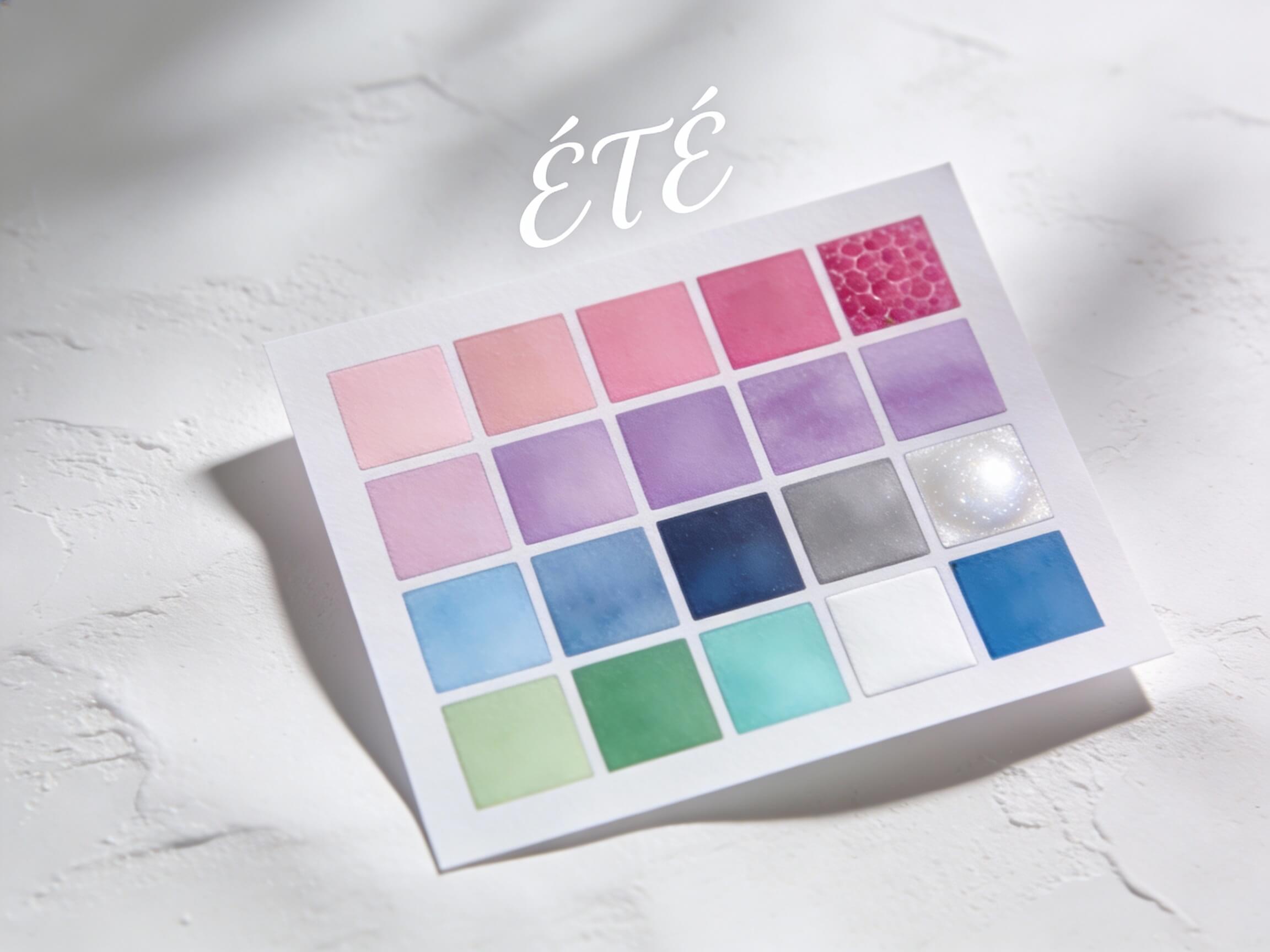 Palette colorimétrique Été : échantillons de lavande, rose poudré, gris perle, bleu ciel et mauve doux