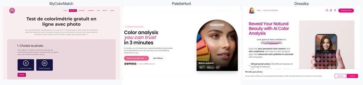 Aperçu des interfaces de MyColorAnalysisAI, Dressika et PaletteHunt pour réaliser un test de colorimétrie gratuit en ligne